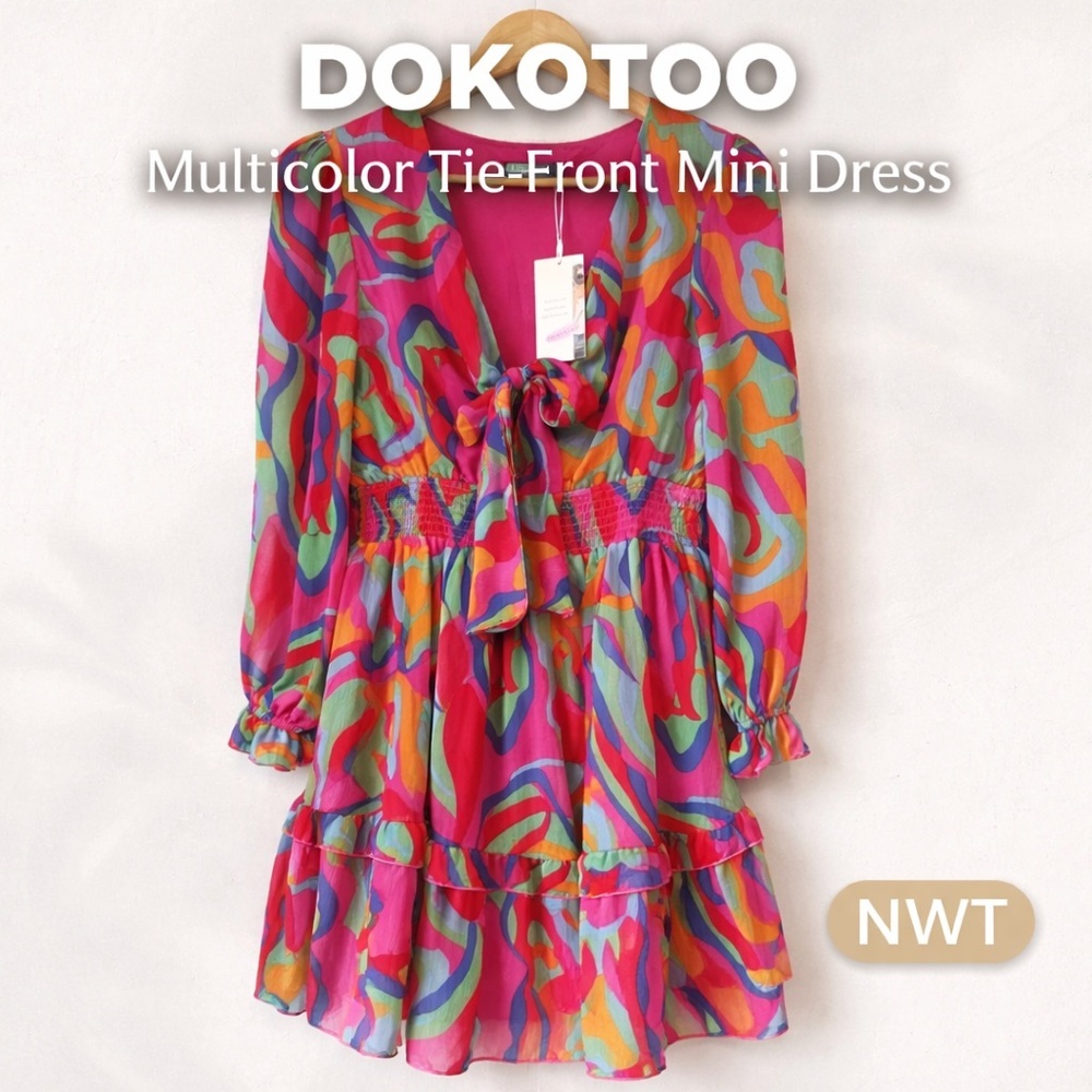 Dokotoo Multicolor Abstract Print Tie Front Smocked Mini Dress NWT